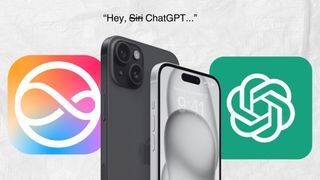 The Apple Intelligence and ChatGPT logos behind two back to back iPhones