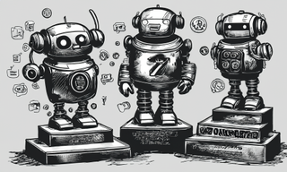 A group of robots in pen and ink drawing style.